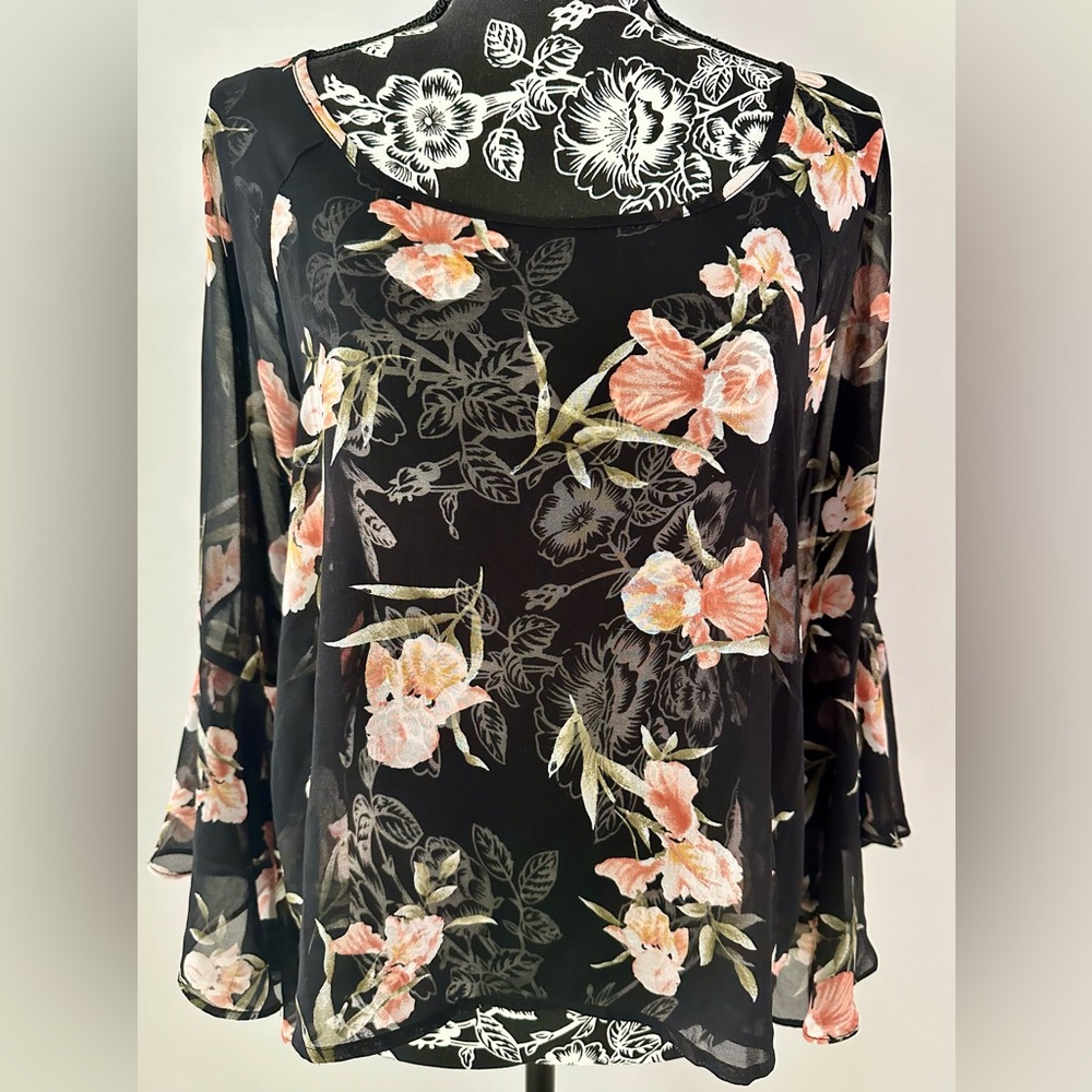 Boho style black floral bell sleeved sheer blouse
